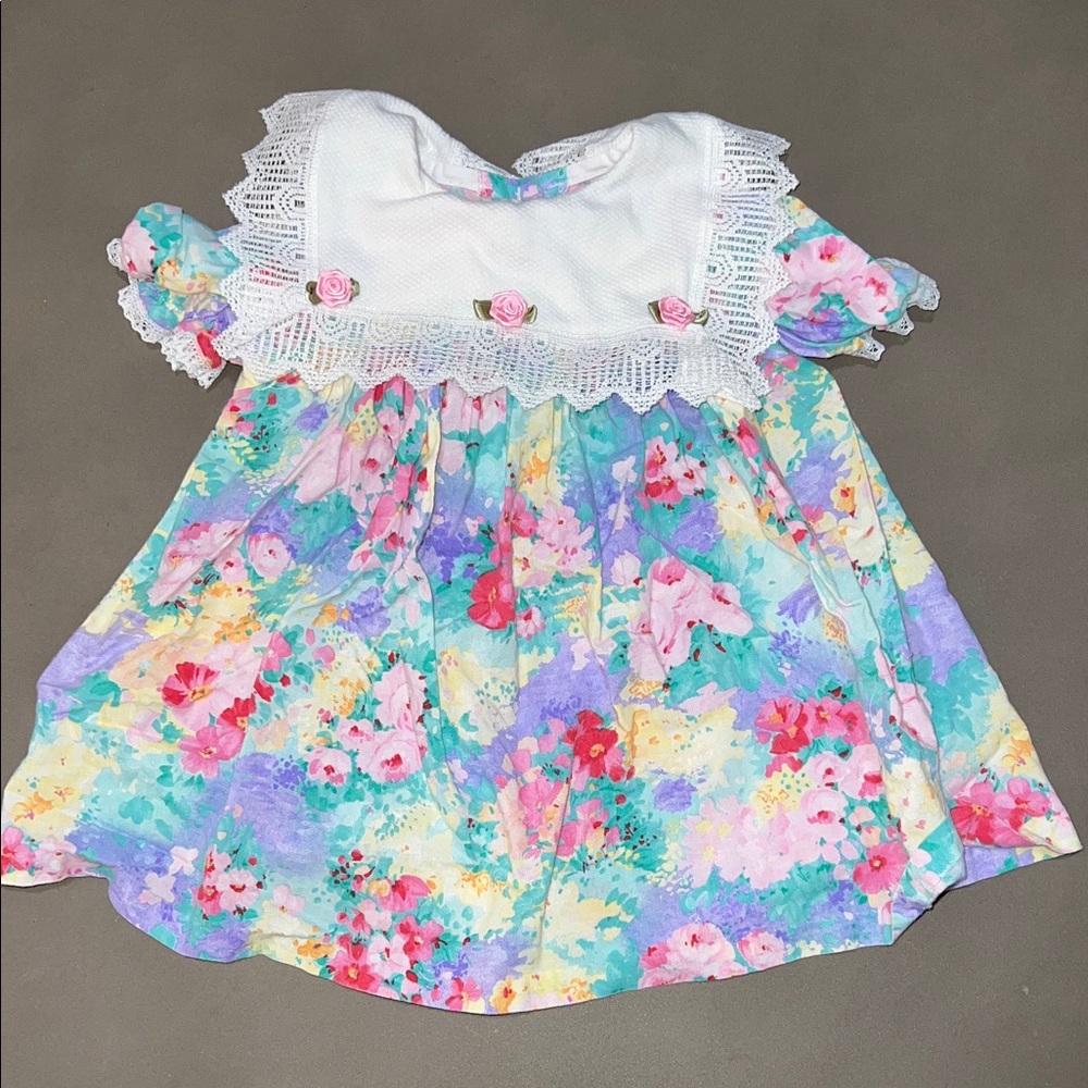 VINTAGE Watercolor Floral Baby Dress with Lace Trim and Rose Appliqués